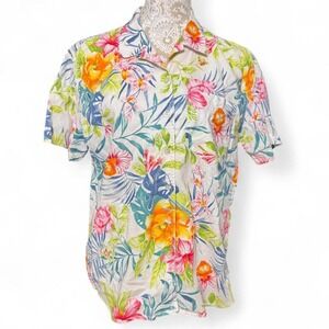 Liz Claiborne Hawaiian T Shirt Floral Tropical Vacation Button Up Size Large